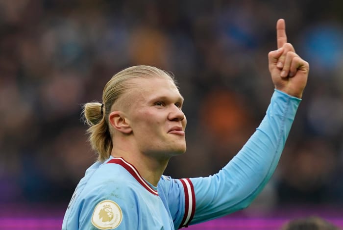 Erling Haaland pictured after scoring his 23rd Premier League goal for Manchester City in January 2023